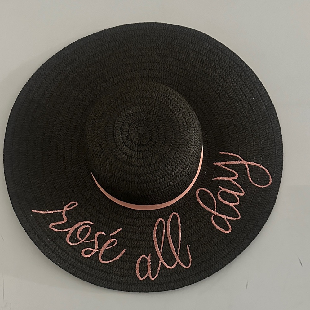 NYC Underground Black Wide Brim Straw Sun Hat with Pink Script - Rosé All Day